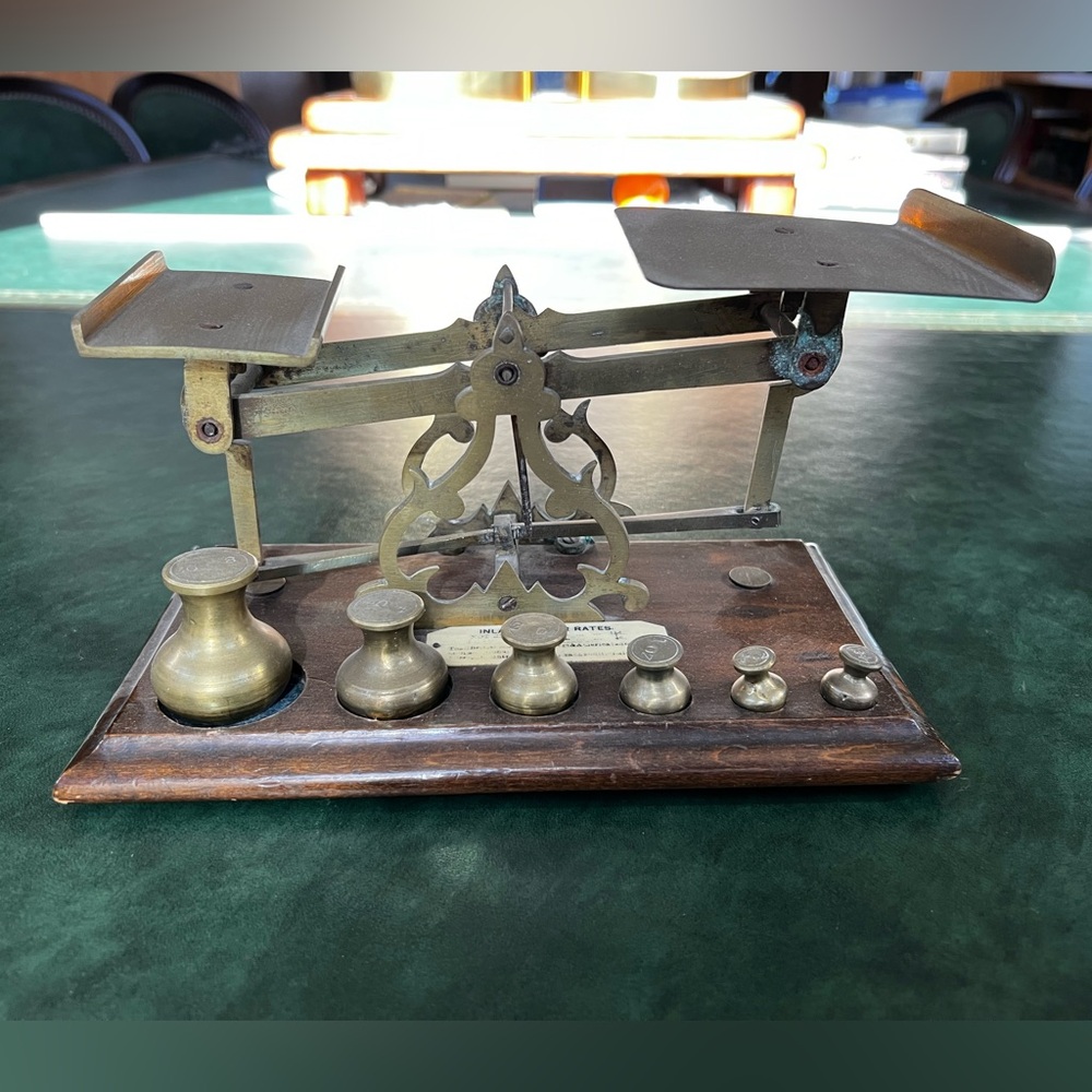 Antique Vintage Brass Postal Scale with Wood Base and Weights Included